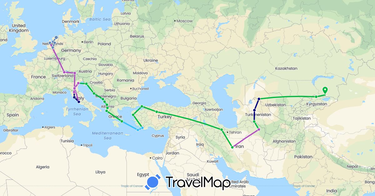 TravelMap itinerary: driving, bus, cycling, train, boat in Albania, Austria, Switzerland, Greece, Croatia, Iran, Italy, Kyrgyzstan, Kazakhstan, Montenegro, Netherlands, Turkmenistan, Turkey, Uzbekistan (Asia, Europe)